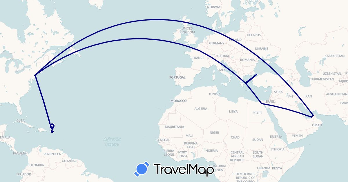 TravelMap itinerary: driving in United Arab Emirates, Egypt, France, Greece, Puerto Rico, Turkey, United States (Africa, Asia, Europe, North America)